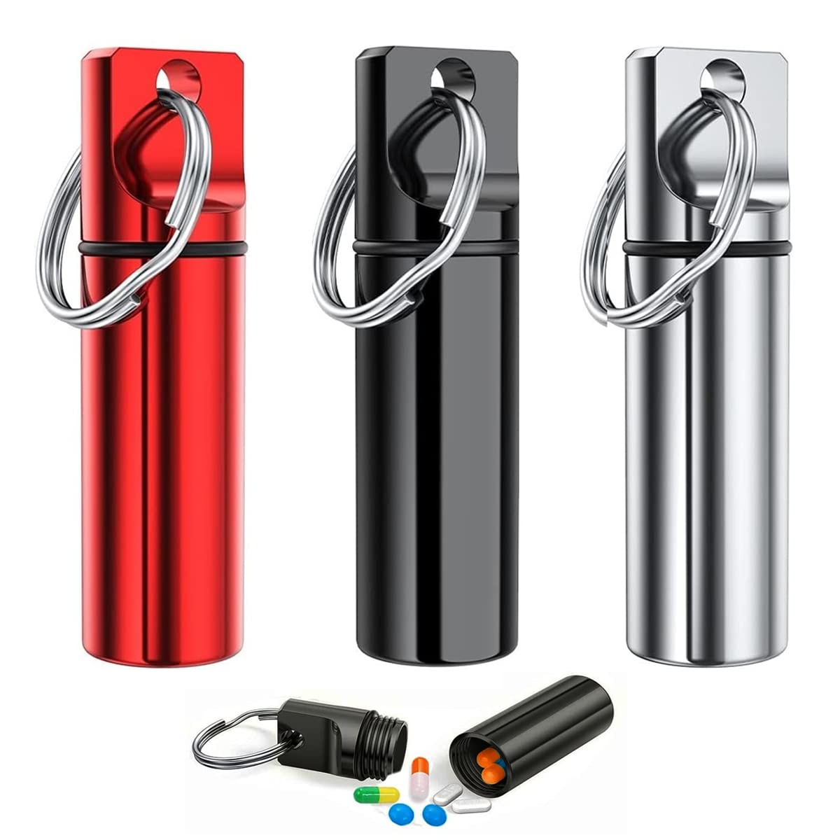 HANNEA 3PCS Aluminum Keychain Medication Pill Box, Waterproof Mini Metal Pill Holder Medicine Bottle for Outdoor, Travel, Camping HANNEA 3PCS Aluminum Keychain Medication Pill Box, Waterproof Mini Metal Pill Holder Medicine Bottle for Outdoor, Travel, Camping